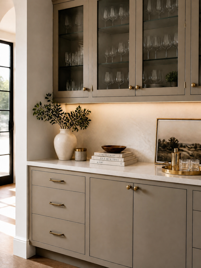 Retique It® refinished built-in cabinets in a warm taupe wood finish with glass-front upper doors, brass hardware, and a light stone countertop.