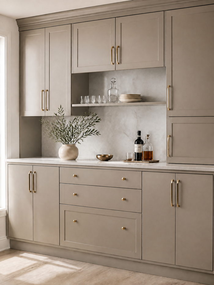 Retique It® refinished built-in cabinets in a warm taupe wood finish with brass hardware, open shelving, and a light stone countertop.