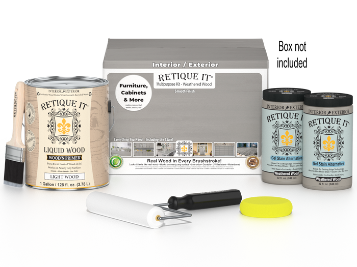 Retique It multi-purpose wood finish kit with four large weathered wood stain and sealant bottles, perfect for furniture and crafts.