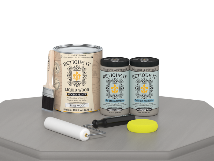Retique It Weathered Wood Multi-purpose Smooth Finish Kit with four large containers, ideal for wood finishing projects.