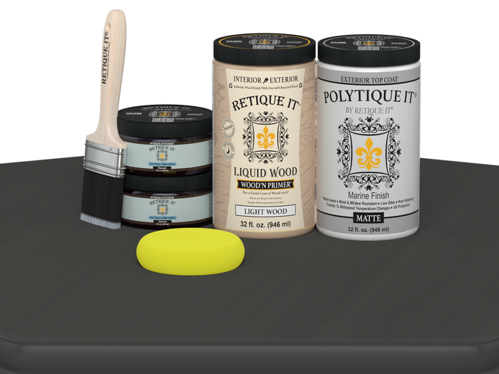 Large charcoal wood finish kit from Retique It with smooth exterior top coat and matte finish, including brushes and applicators.