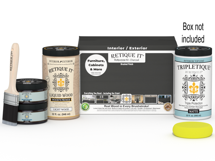 Retique It Multi-purpose Smooth Finish Kit (Large) in charcoal for interior wood top coating, includes application tools and instructions.