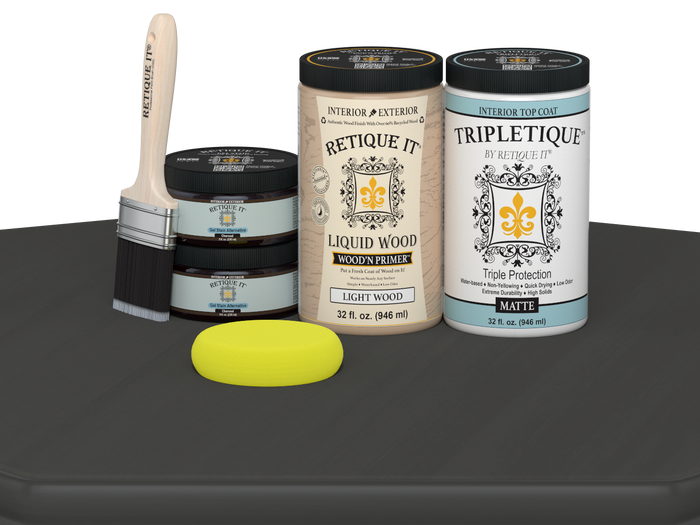 Large charcoal Multi-purpose Smooth Finish Kit by Retique It for wood interior top coating, includes tools and finish components.