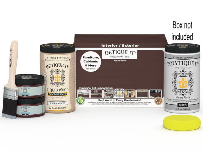 Retique It large Java Multi-purpose Smooth Finish Kit with exterior top coat in gloss, designed for wood finishing projects.