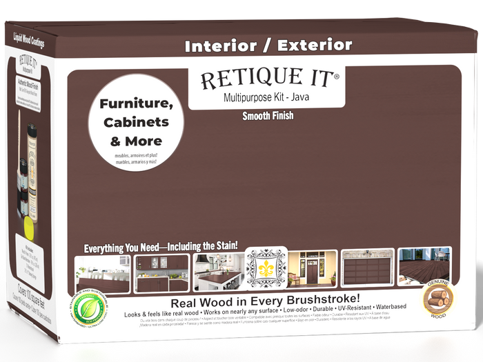 Retique It Multi-purpose Smooth Finish Kit in Java for wood, includes exterior top coat with a matte finish in a large box.