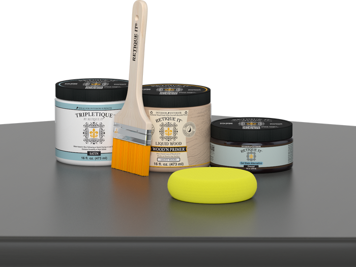 Retique It® Charcoal Brush-On Kit with Satin TripleTique® includes a brush, Light Wood primer, Charcoal Gel Stain Alternative, Satin TripleTique® top coat, and a yellow sponge.