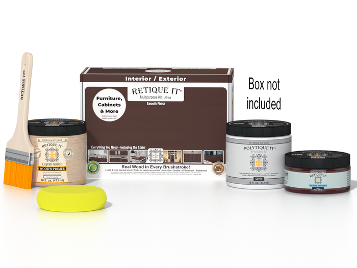 Retique It Java Multi-purpose Smooth Finish Kit for exterior wood, includes top coat, shown with application tools and packaging.