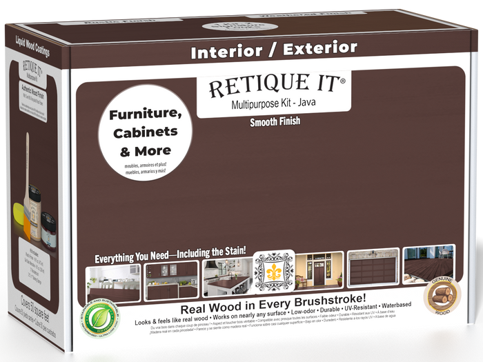 Retique It Multi-purpose Smooth Finish Kit in Java for exterior wood, featuring a matte top coat and wood finishing components.