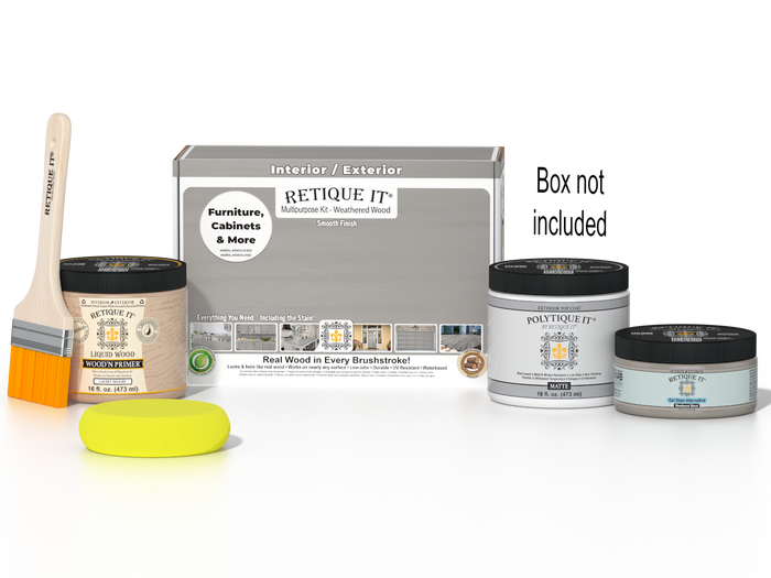 Retique It® Weathered Wood Multipurpose Kit with Liquid Wood primer, Weathered Wood gel stain alternative, PolyTique It® matte exterior top coat, paintbrush, and yellow sponge displayed with the product box.