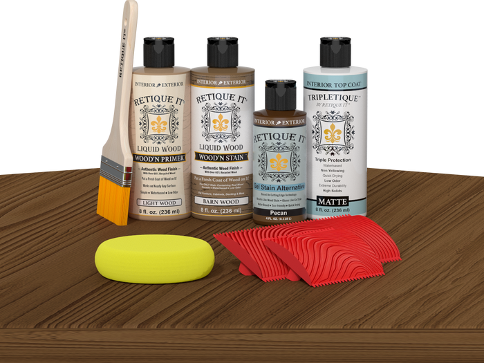 Retique It® Medium Walnut Wood'n Kit with Light Wood primer, Barn Wood stain, Pecan gel stain alternative, Matte Tripletique® Top Coat, brush, red graining tool, and yellow sponge.