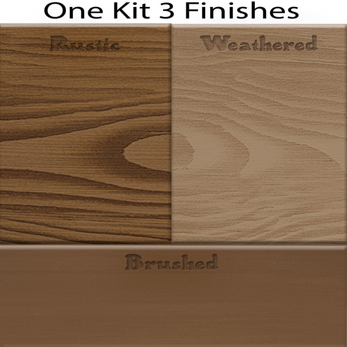 Swatch of Retique It Wood'n Finish Kit in large Modern Walnut with three different wood finishing shades.