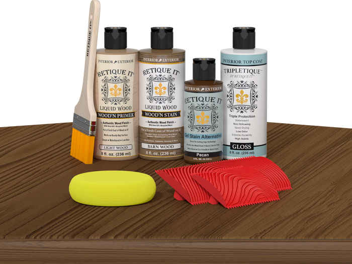 Retique It® Medium Walnut Wood'n Kit with Light Wood primer, Barn Wood stain, Pecan gel stain alternative, Gloss Tripletique® Top Coat, brush, red graining tool, and yellow sponge.