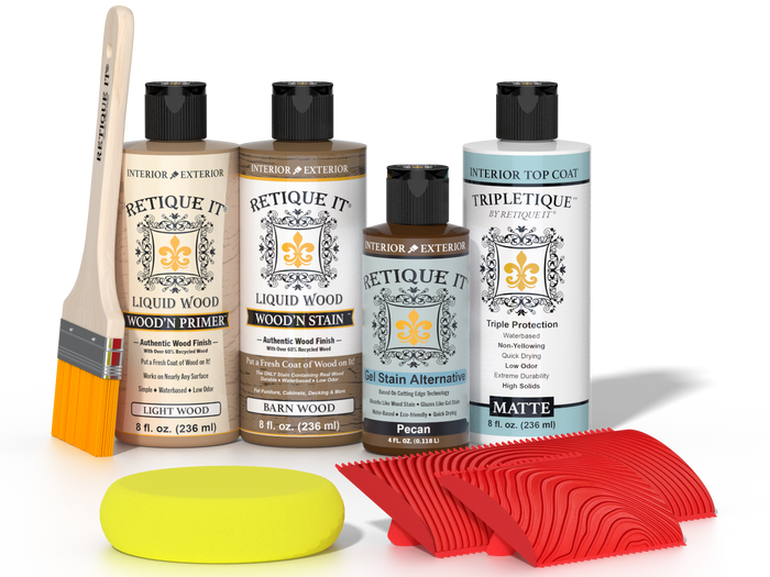 Retique It® Medium Walnut Wood'n Kit with Light Wood primer, Barn Wood stain, Pecan gel stain alternative, Matte Tripletique® Top Coat, brush, red graining tool, and yellow sponge.
