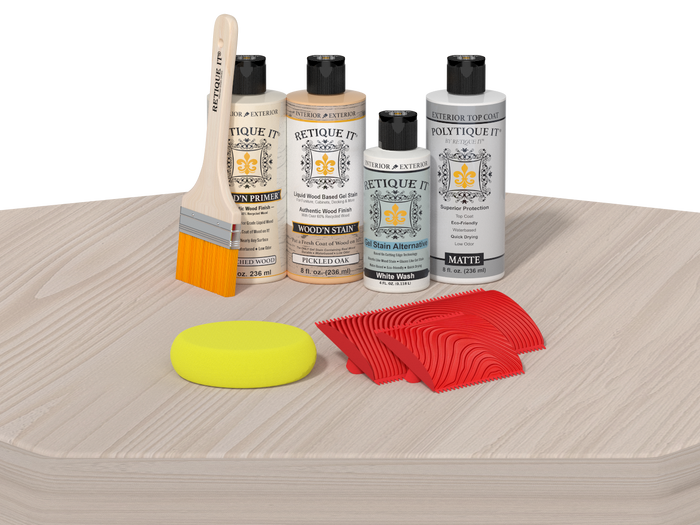 Retique It Wood'n Finish Kits with a table showing the wood finish in a natural tone, highlighting the kit's application on furniture.