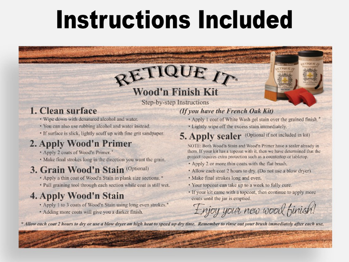Retique It Wood'n Finish Kit instructions showing step-by-step application guide and front view of the product.