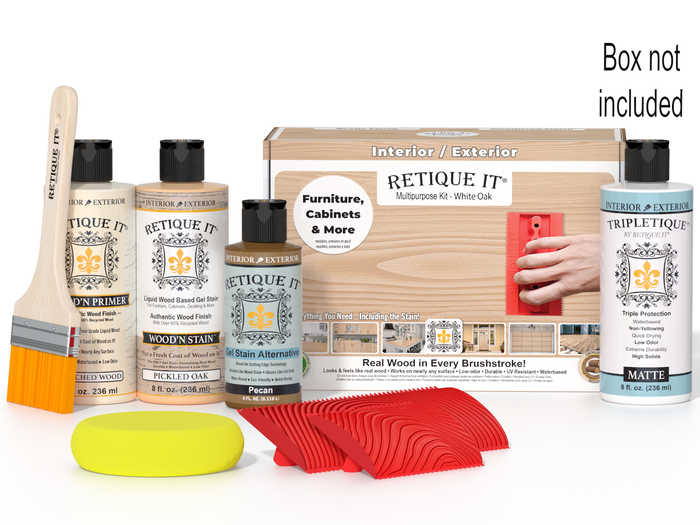 Retique It Wood'n Kit in White Oak, interior top coat set for wood finishing, includes brushes and applicators in a box.