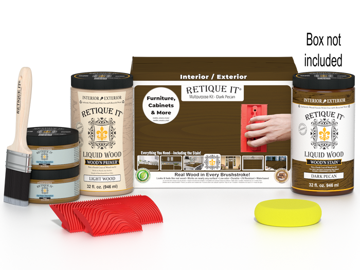 Large dark pecan Wood'n Finish Kit by Retique It with wood stain and finishing supplies in a box.