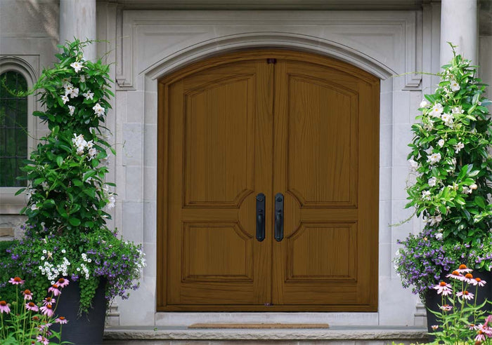 Retique It Wood'n Finish Kit in Dark Pecan for large projects, showing a double front door with a rich, grained wood finish.