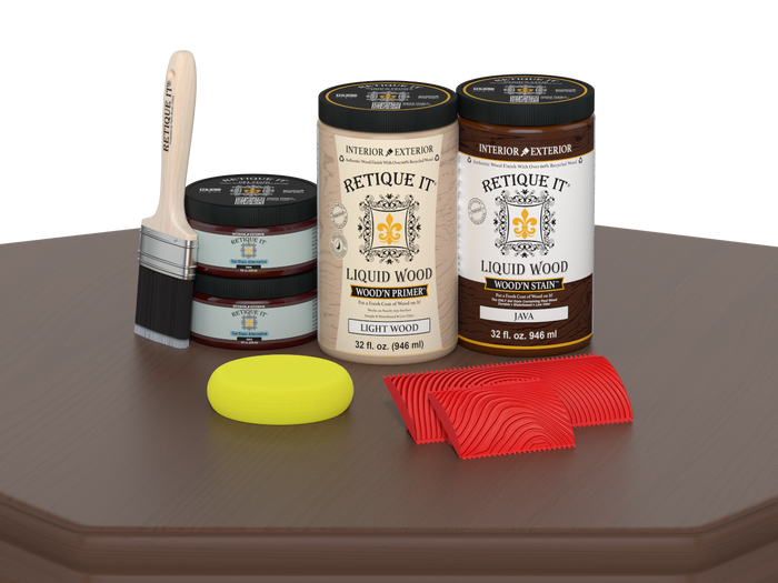 Large Java Wood'n Finish Kit by Retique It: multi-purpose wood finishing set with brushes and applicators on a table.