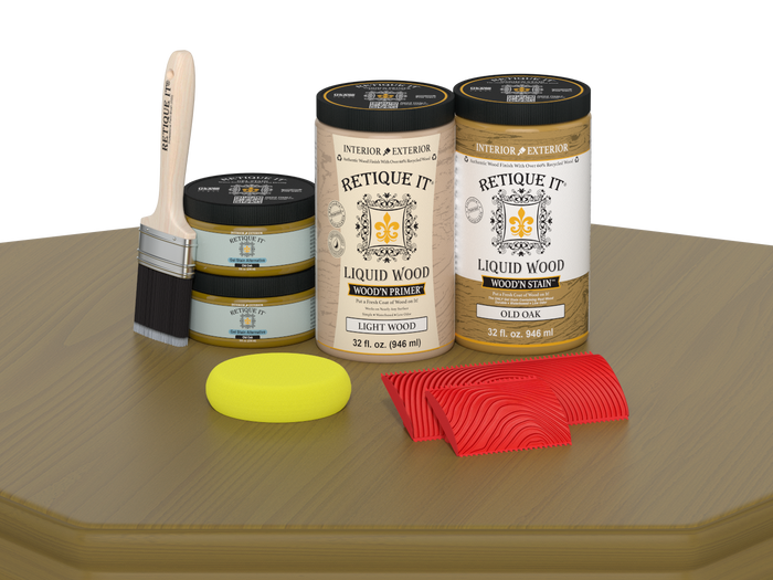 Large Old Oak Wood'n Finish Kit by Retique It for multi-purpose wood finishing, shown on a table surface.