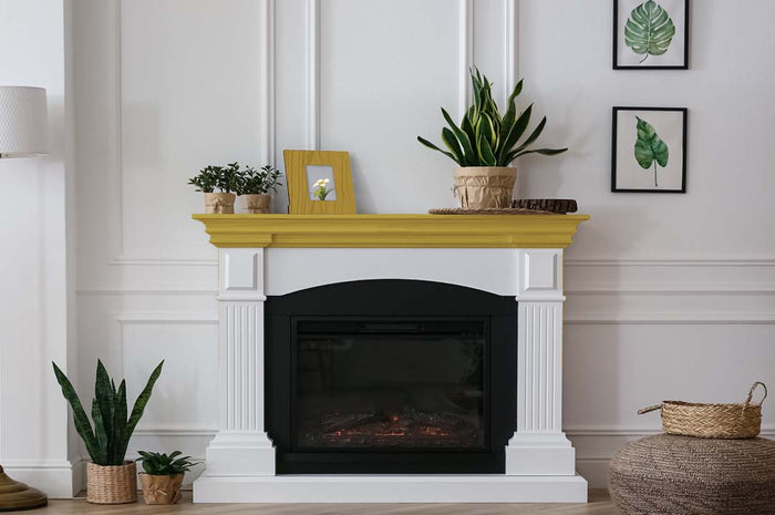 Retique It Wood'n Finish Kit Large in Old Oak, showing a grained wood fireplace mantle with natural wood finish details.
