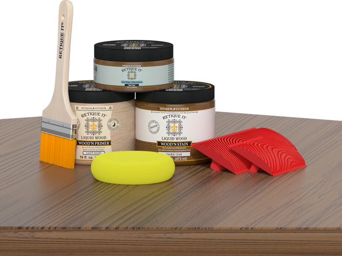 Dark oak Wood'n Finish Kit by Retique It for multi-purpose wood finishing, shown on a wooden table surface.