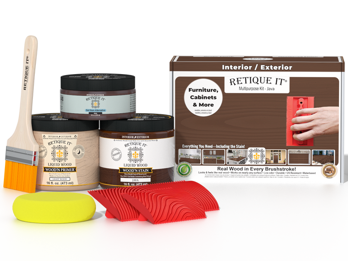 Multi-purpose Wood'n Kit (Med) Java by Retique It with wood finish tools and supplies for wood refinishing projects.