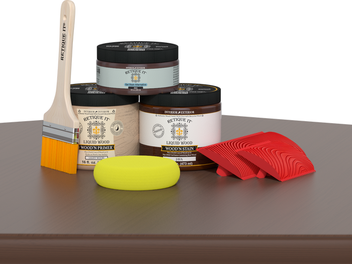 Multi-purpose Wood'n Kit (Med) by Retique It Java wood finish kit with brushes and applicators on a table.