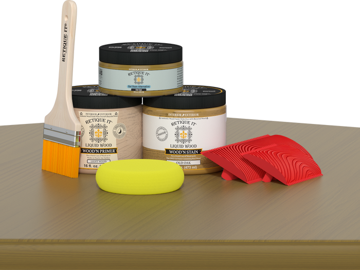 Retique It Wood'n Finish Kit in Old Oak, a multi-purpose wood finishing set shown with wood sample and application tools.