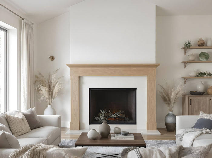 Retique It Fireplace Wood'n Finish Kit in White Oak stain, showing a fully finished fireplace with wood grain texture.