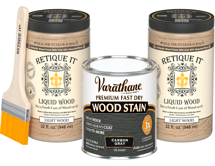 Angled product view of the 64 oz Retique It Liquid Wood kit with Varathane Carbon Gray stain and a paintbrush.