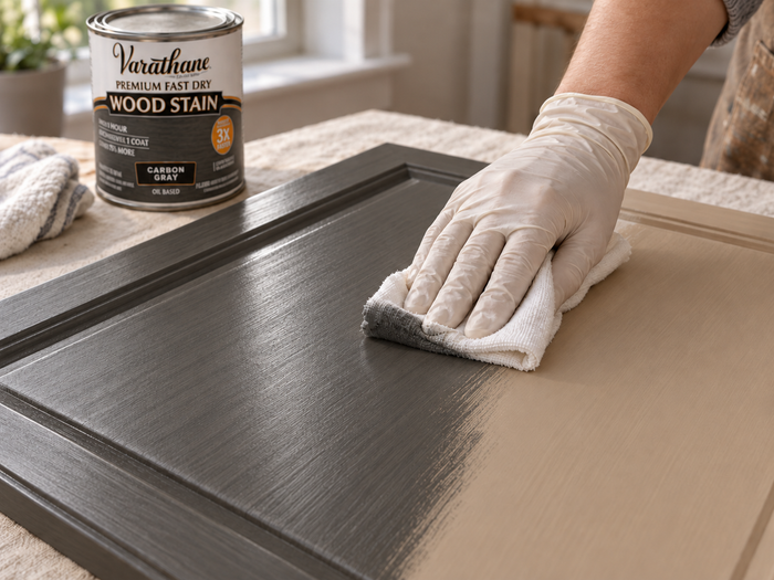 Gloved hand wiping Carbon Gray fast-drying wood stain onto a cabinet door with a cloth.