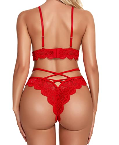 Namifin Women Lace Bralette and Panty Set Strappy Lace Lingerie