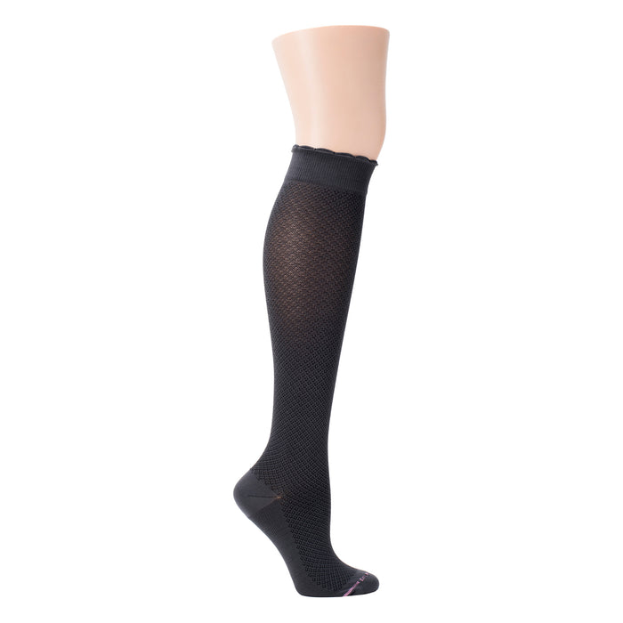 Grey heather knee-high moderate compression socks for women with a braided plaited knit texture, shown on a mannequin leg.