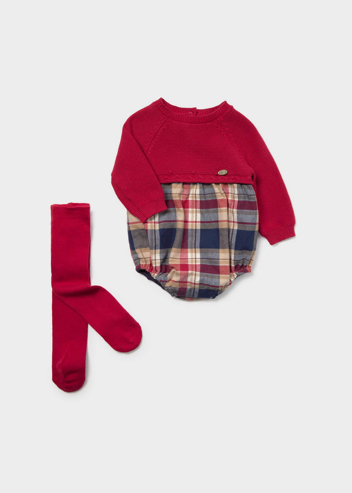 Mayoral newborn boy red printed cotton romper with matching tights