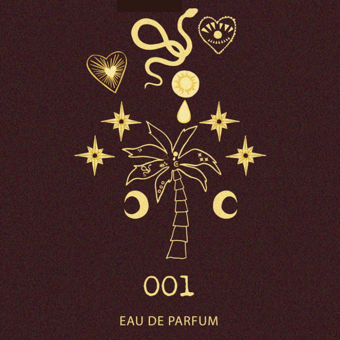 NFD Eau De Parfum 001 gold line art graphic featuring a palm tree, stars and snake on a dark brown background.