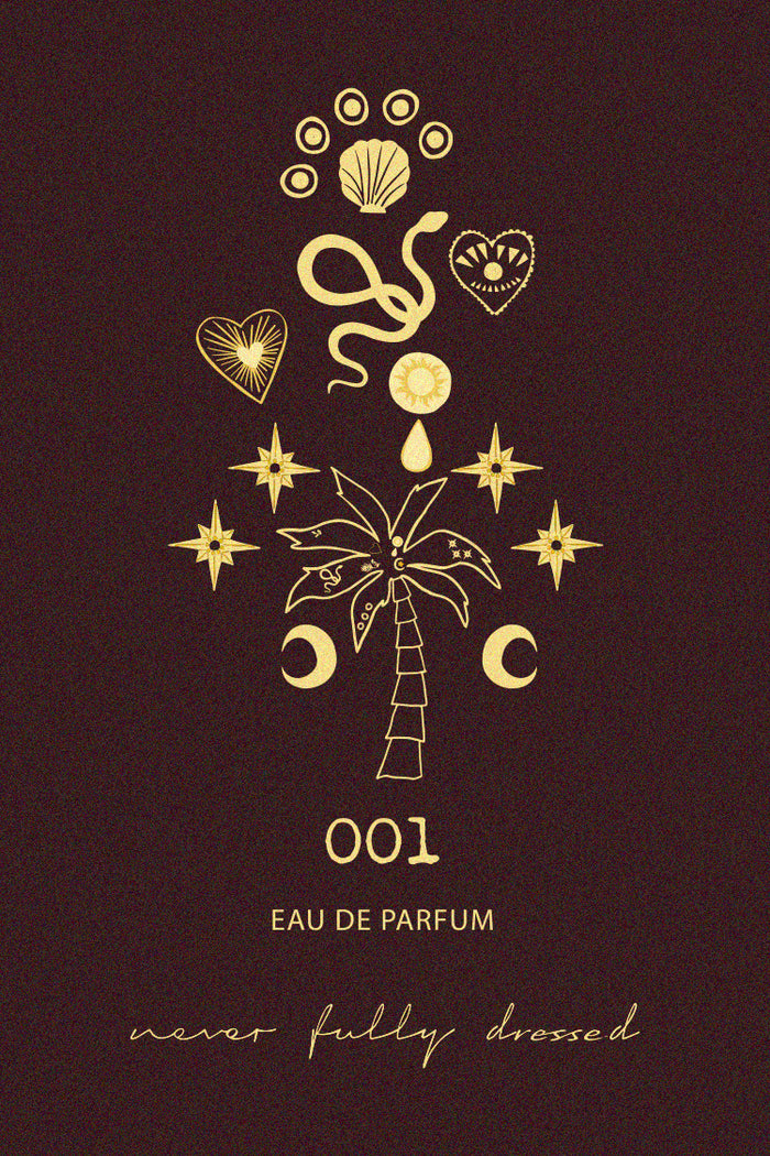 NFD Eau De Parfum 001 graphic featuring gold celestial icons and a palm tree on a dark brown background.