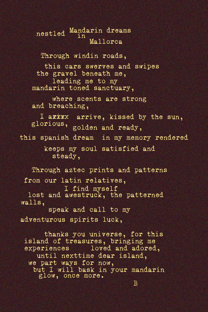 Yellow typewriter-style poem on a dark background detailing the Mallorca-inspired NFD Eau De Parfum 001 scent story.
