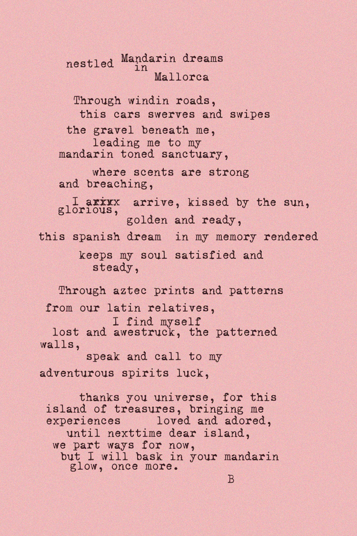 Typewriter-style poem on a pink background describing the Mallorca scent inspiration for NFD Eau De Parfum 002.