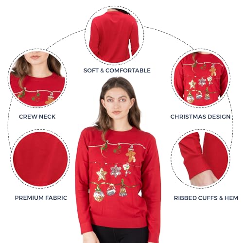 NOROZE Women's Christmas Tops Sweatshirts Sequin Jingle Bells HoHoHo Pug Mrs Claus Xmas Jumper - Style Heist