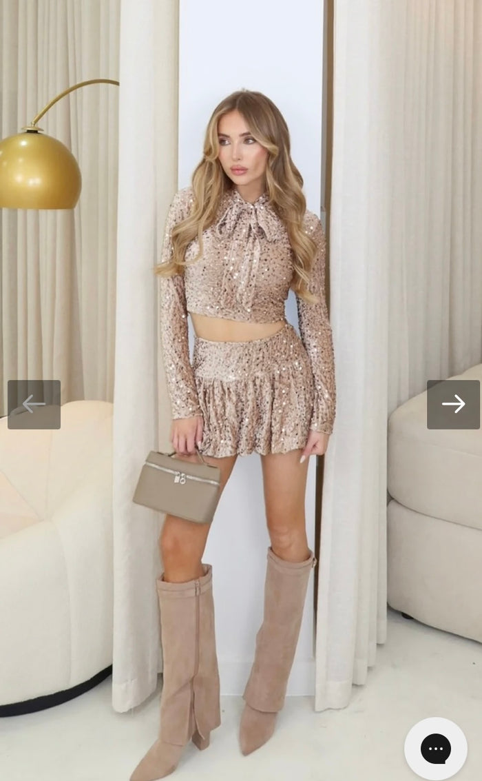 Nude Sequin Top Skirt Co-Ord Set with Puffball Skirt