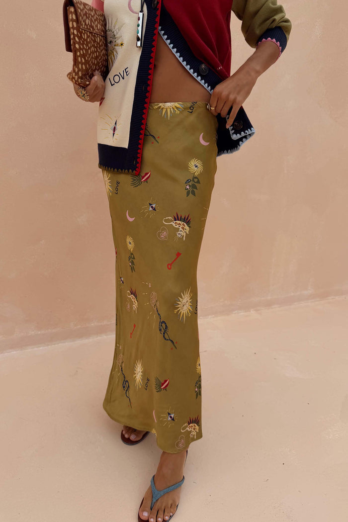Olive Mystical Dorris Skirt featuring iconic sun motifs in a relaxed viscose midi silhouette.
