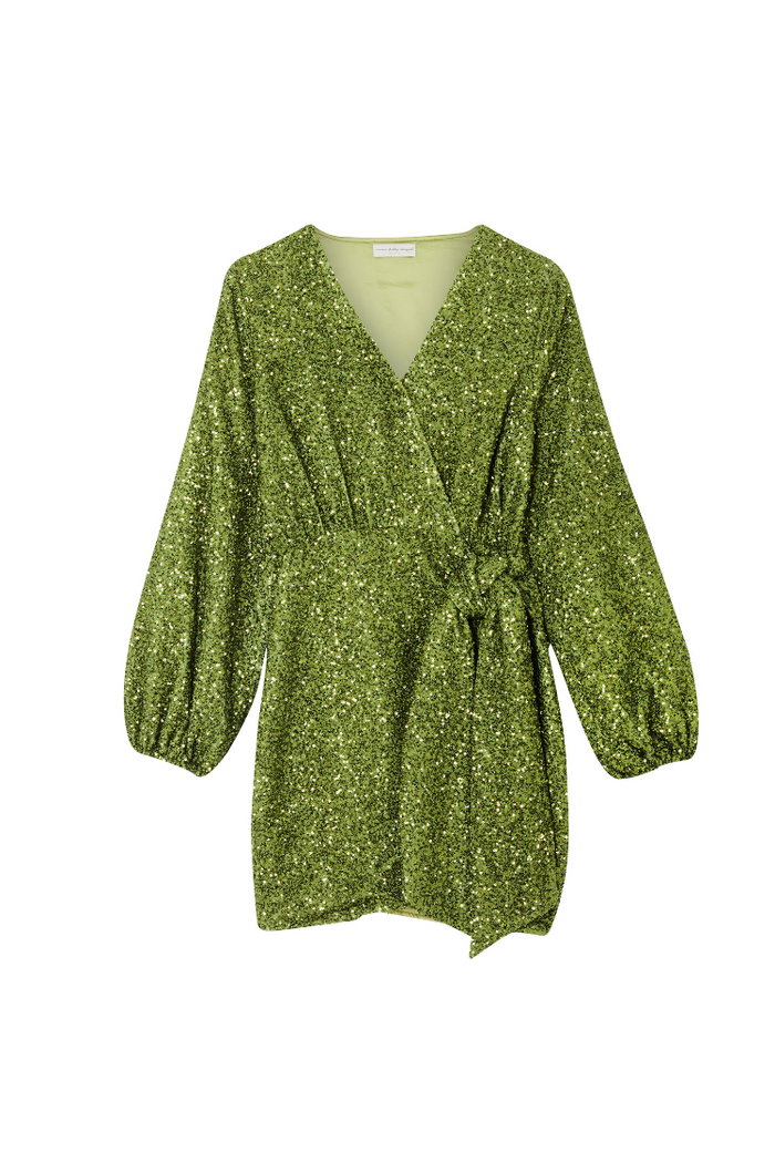Olive Sequin Mini Vienna Petite wrap dress in green with long sleeves and a tie-waist fastening.