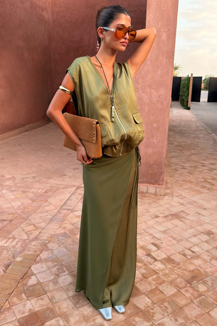 Olive Wrap Jojo Midi Skirt in tonal khaki with satin panels and a wrap-effect detail, styled with a matching vest.
