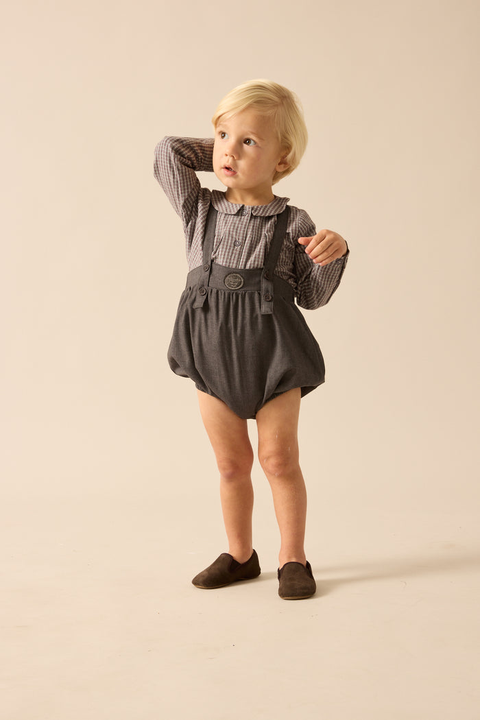 one piece plaid edition bubble romper - chocolate brown