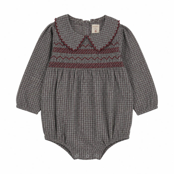 one piece plaid smocked romper - soft gray plaid