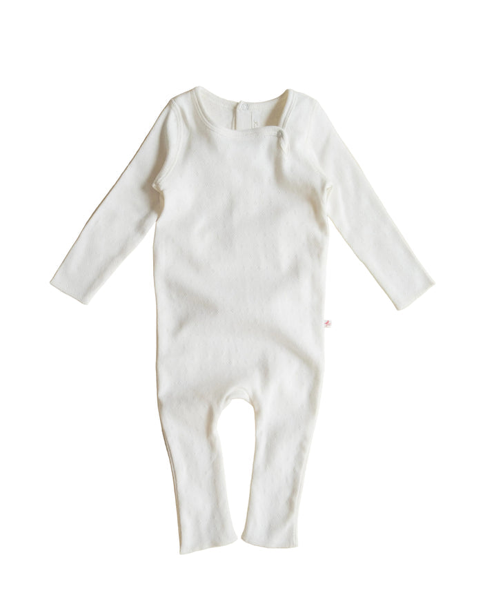 one piece pointelle snap long romper with bonnet - dove white