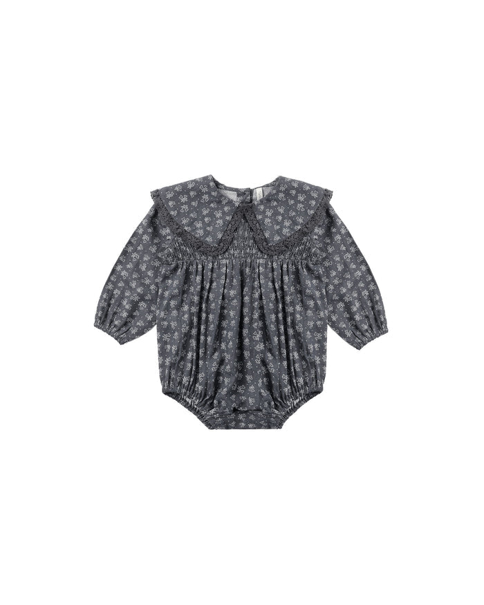 one piece smocked heart ditsy print romper - midnight