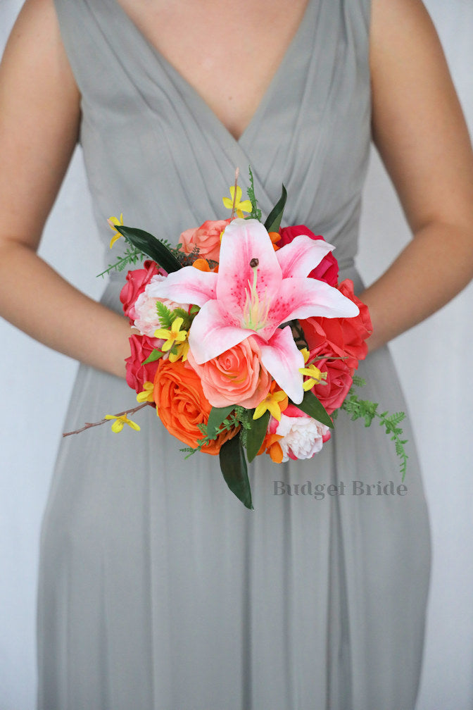 Orange and Hot Pink Custom Wedding Bouquet - $58.50| Nama