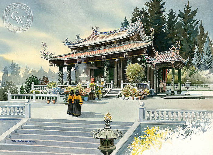 Pagoda, watercolor painting by John Bohnenberger (American art). Original painting and fine art giclée reproduction by California Watercolor for wall decor.